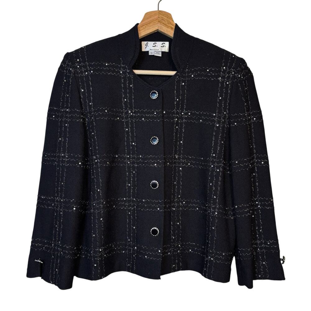 VTG J. S. S. Wool Sequined Metallic Button Front Cardigan Sz Small Grid Teacher